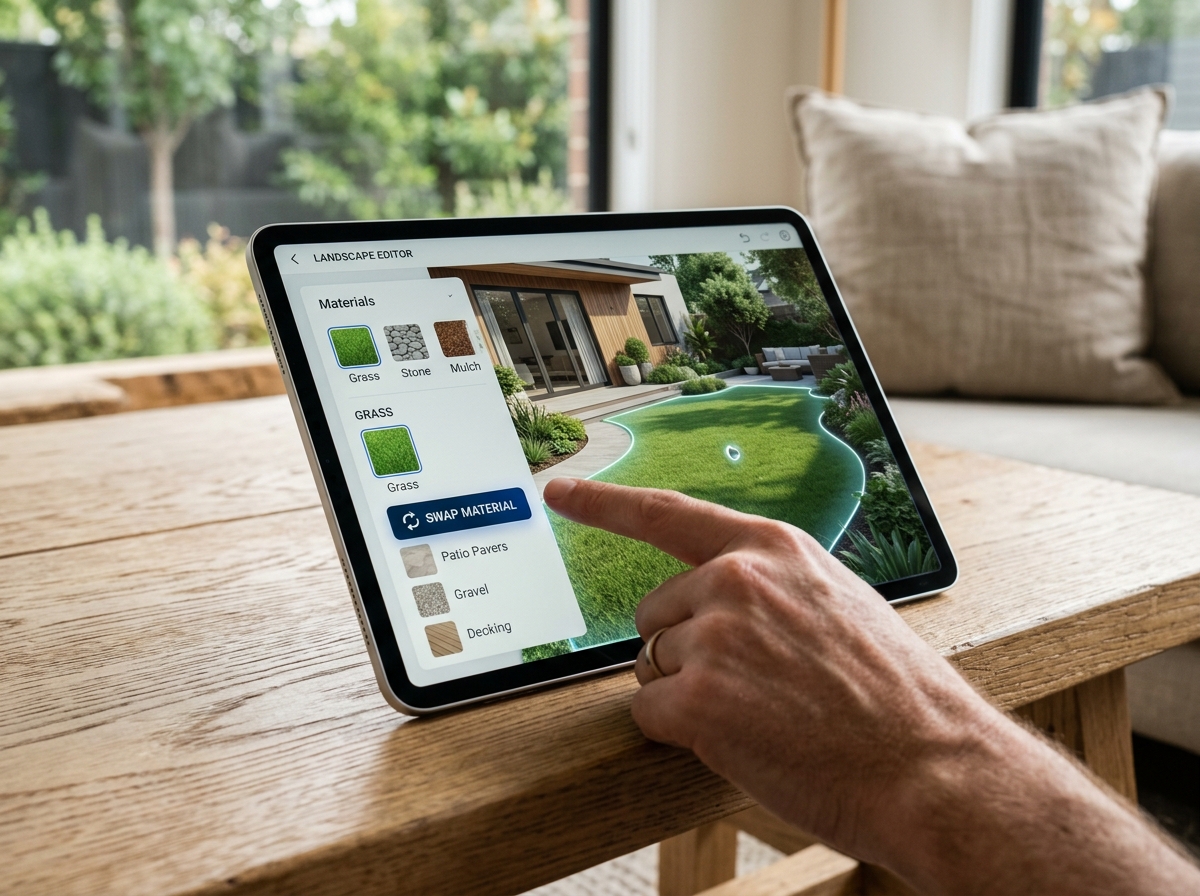 Tablet screen displaying an AI landscape design interface.