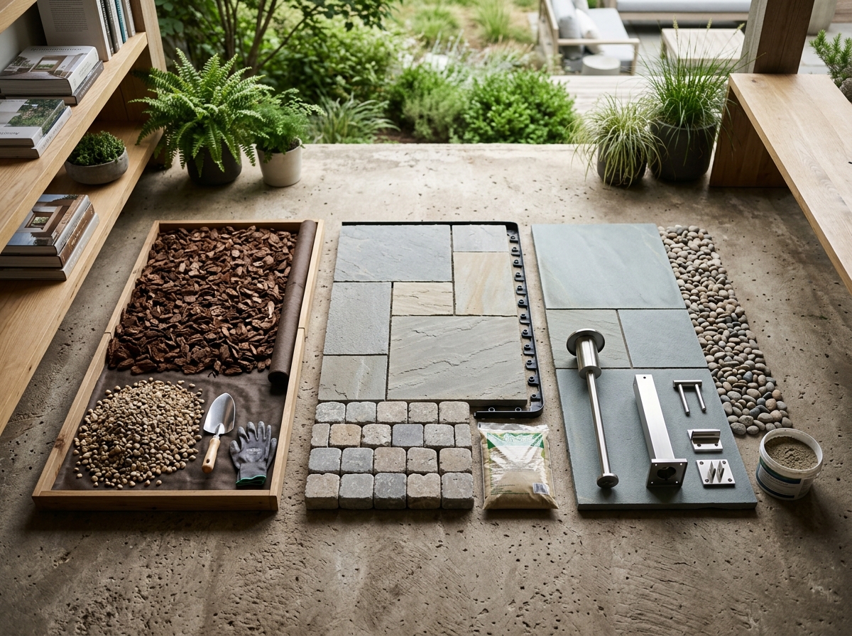 Various landscaping materials organized by cost tier.