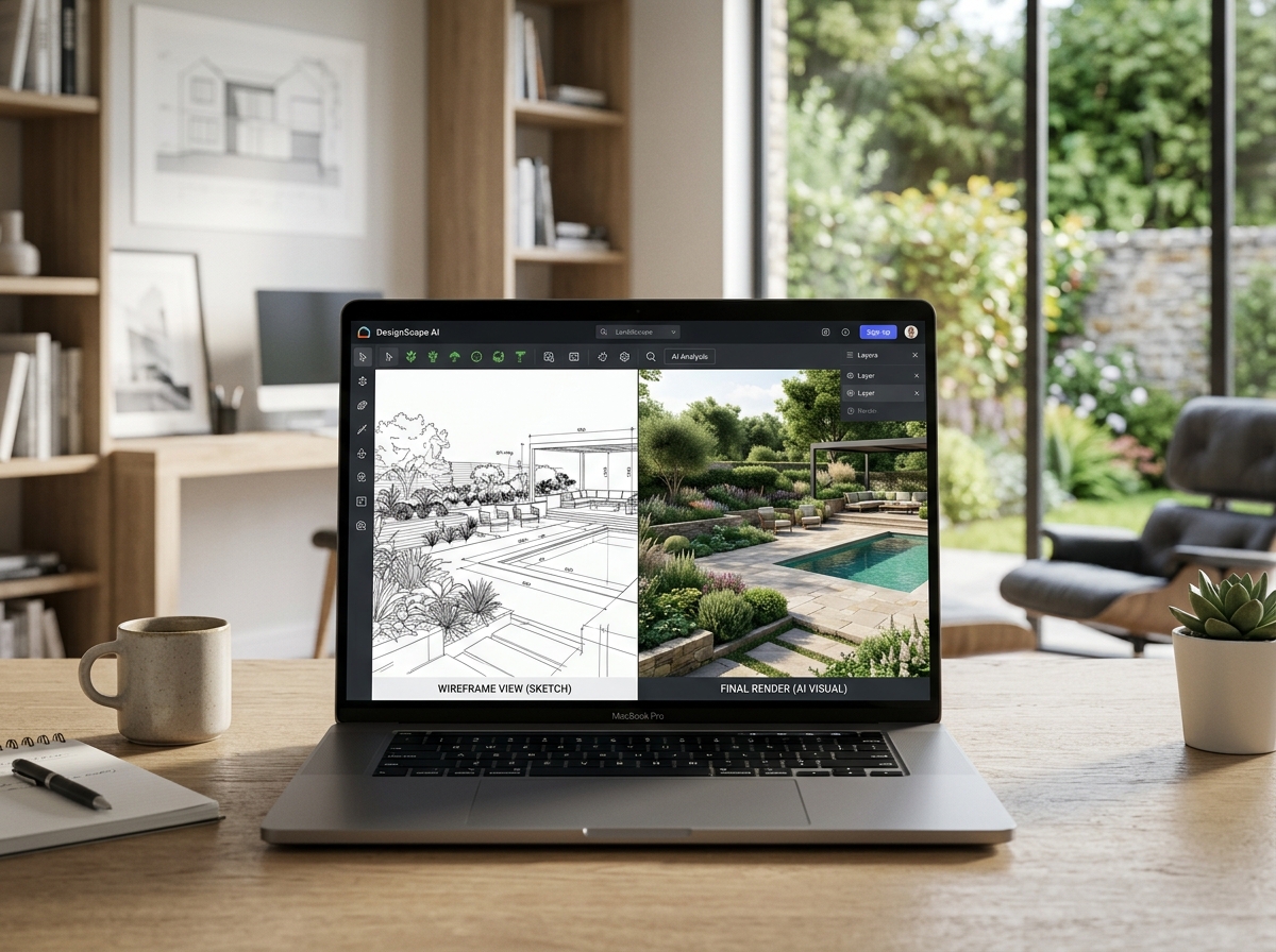Split view interface showing wireframe and rendered landscape designs.