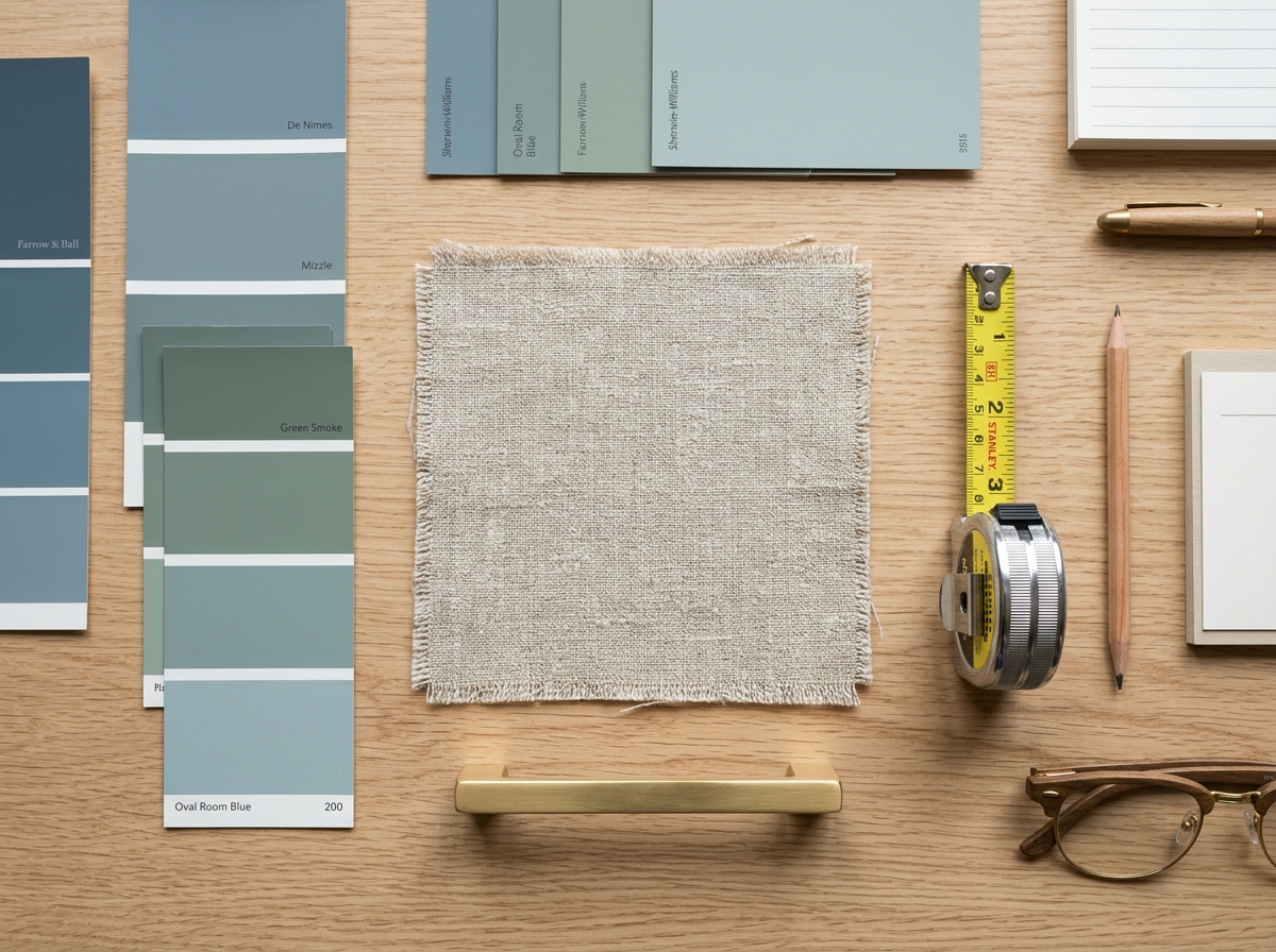 A flat lay of home design elements including paint swatches, fabric, and a measuring tape.