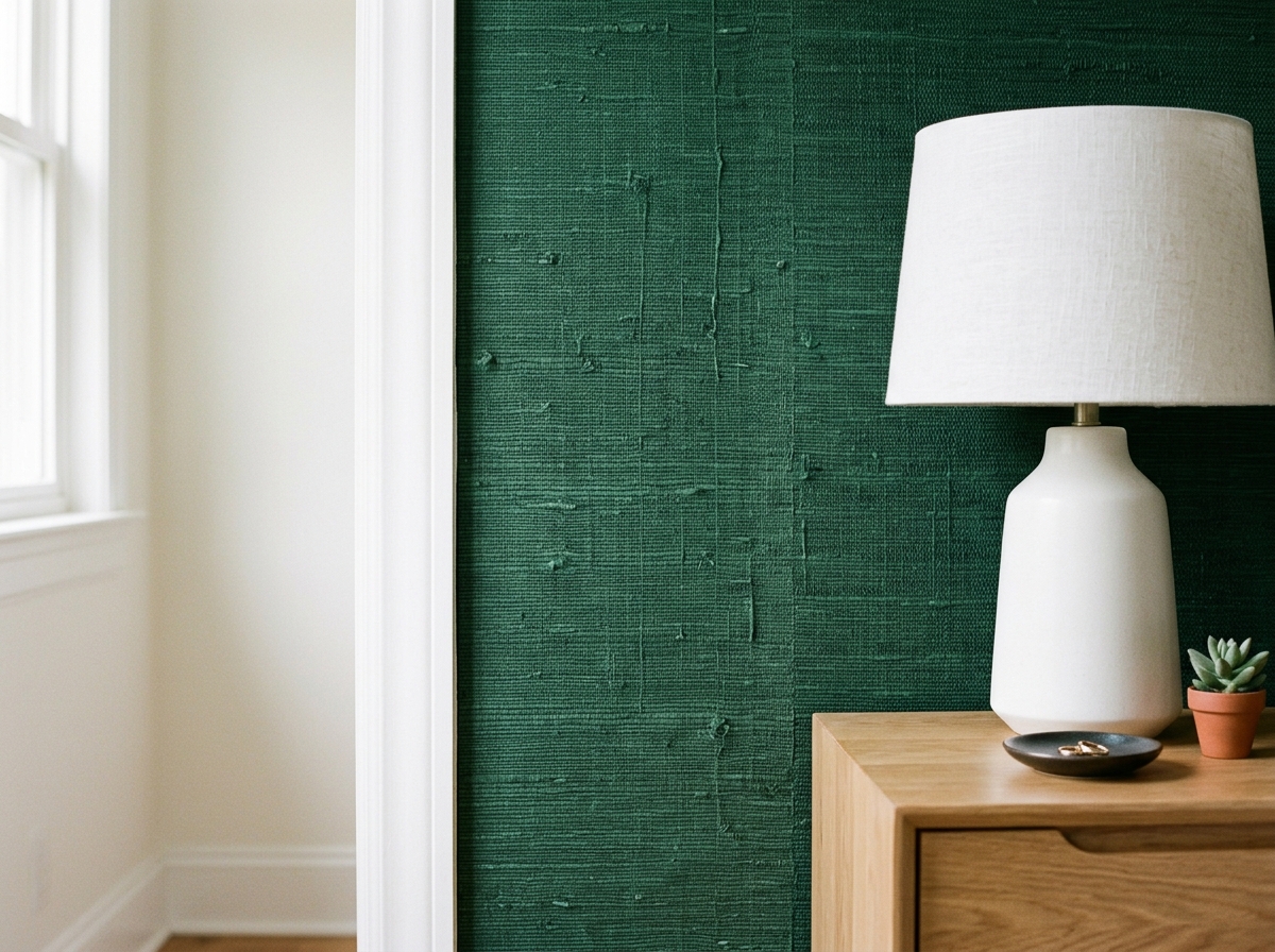 A textured, dark green grasscloth wallpaper accent wall next to a light oak nightstand.