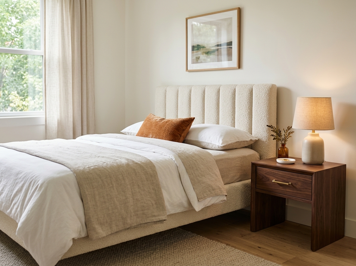 A modern upholstered boucle bed frame next to a dark walnut nightstand with brass hardware.