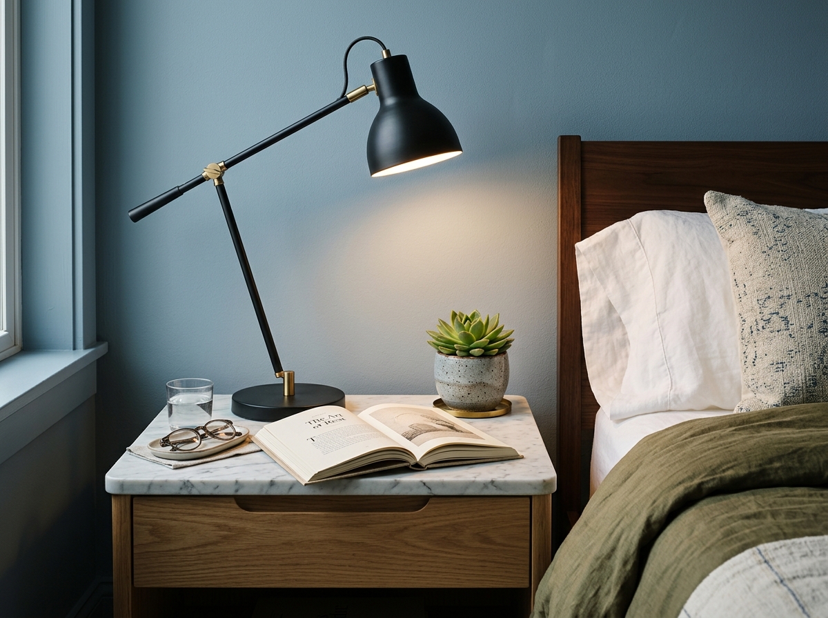A modern black task lamp on a marble nightstand illuminating an open book.