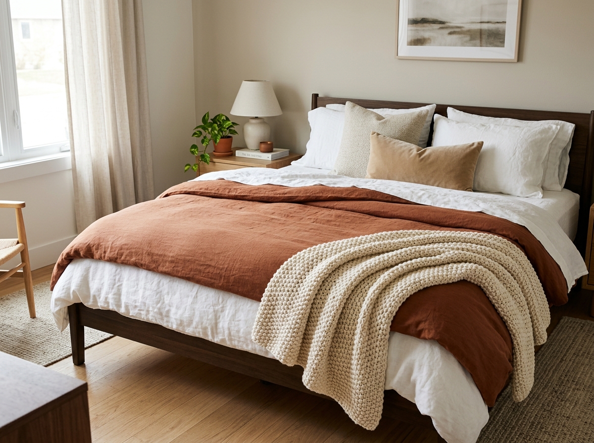A bed layered with a linen sheets, a clay-colored duvet, and a chunky knit throw.