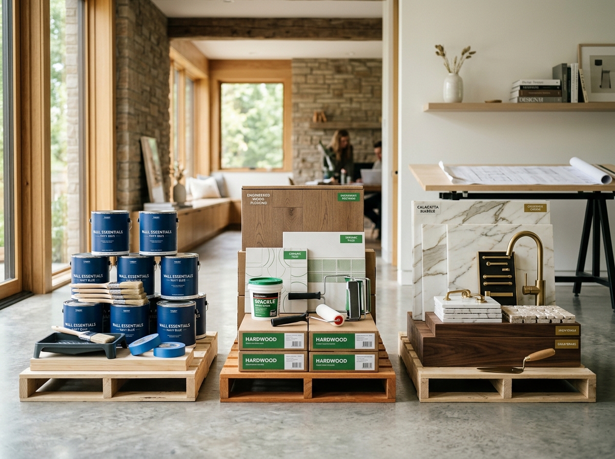 Visual representation of home renovation budget tiers using material samples.