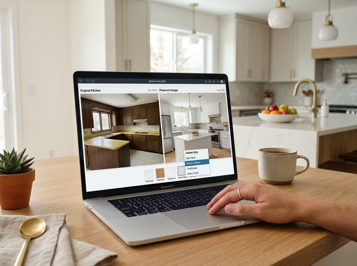 Laptop screen showing interior design software comparing kitchen cabinet styles.