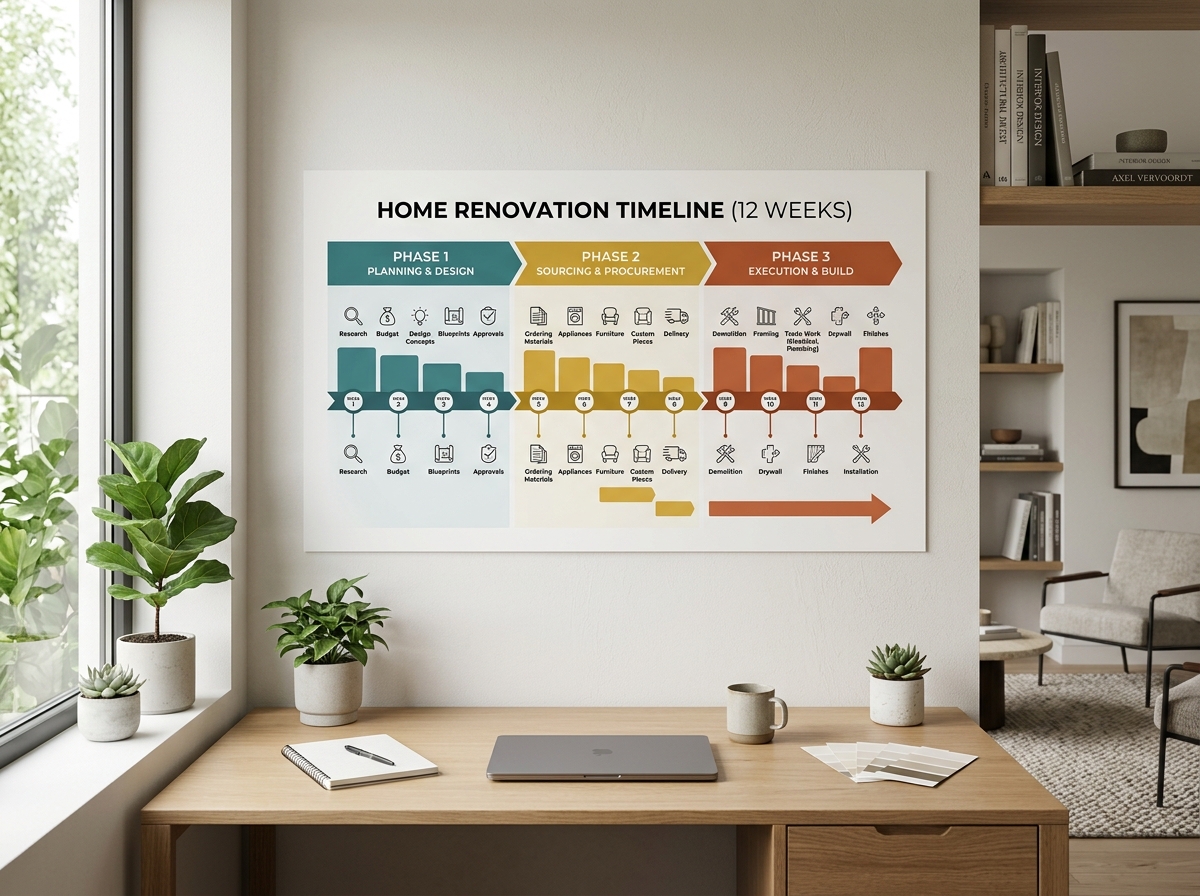 Infographic showing a 12-week timeline for a home renovation project.