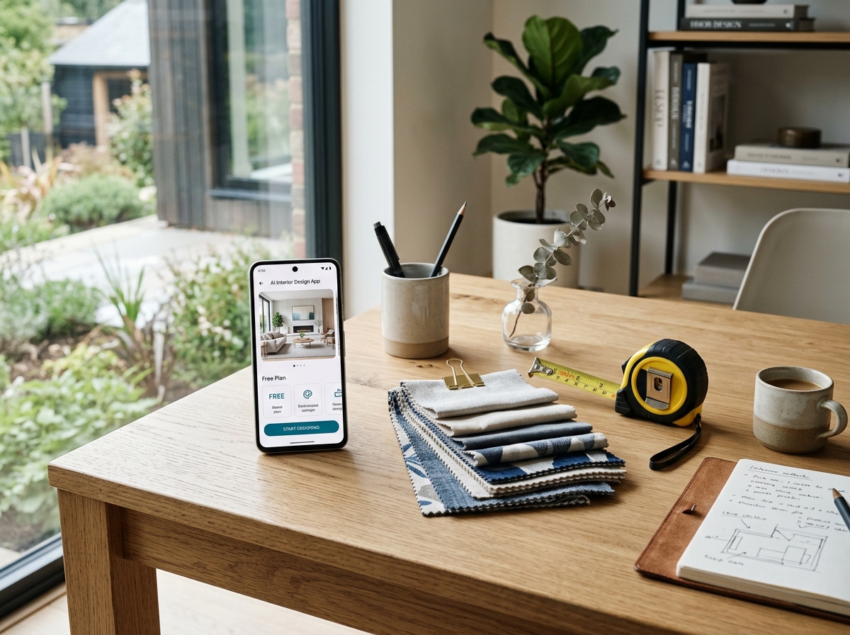 Smartphone with interior design app next to physical design samples.