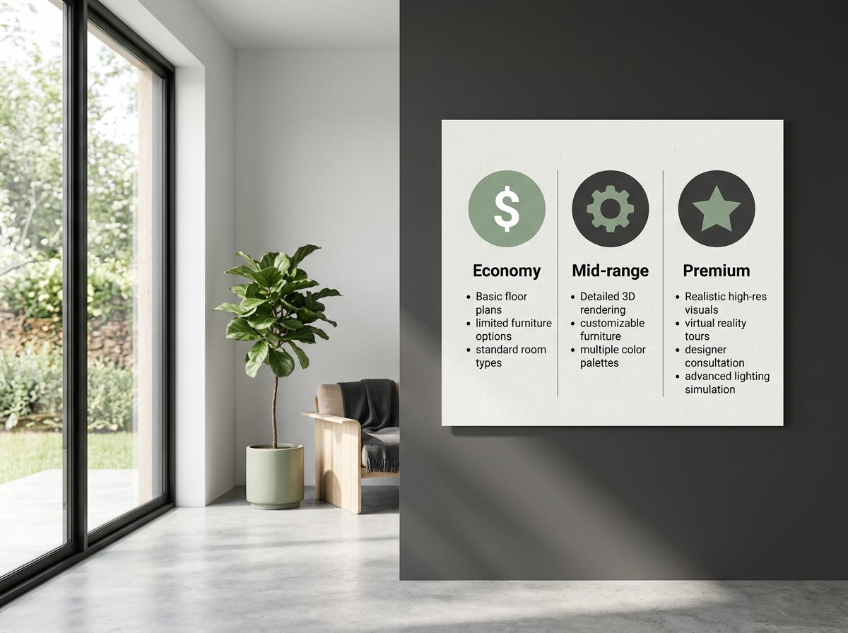 Infographic chart explaining budget tiers for interior design software.