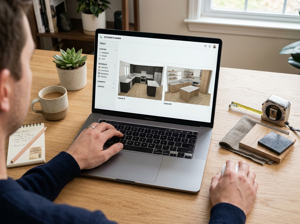 Close-up of a laptop screen showing a comparison of two kitchen design renderings.