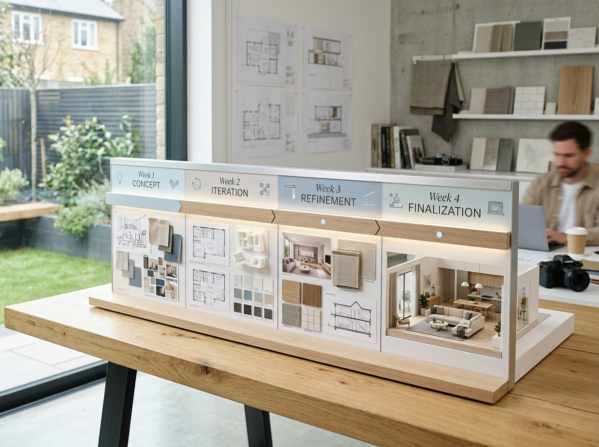 Four-week timeline graphic for home renovation design planning.