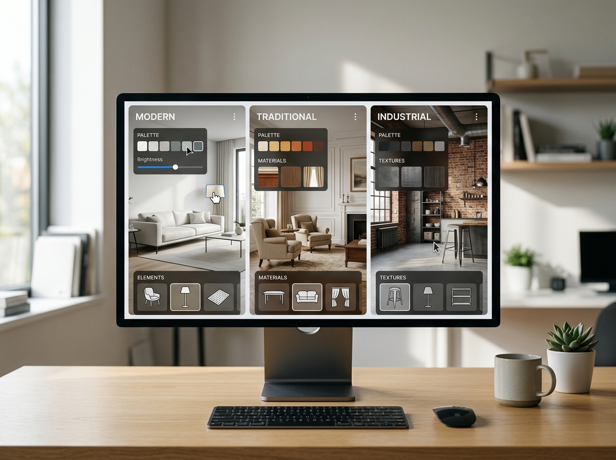Comparison grid showing different AI interior design software interfaces.