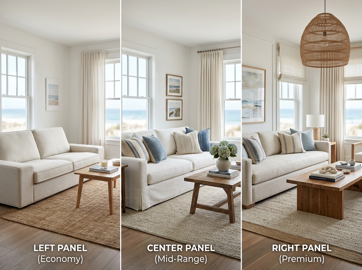Three coastal living rooms shown side-by-side, representing economy, mid-range, and premium budgets.