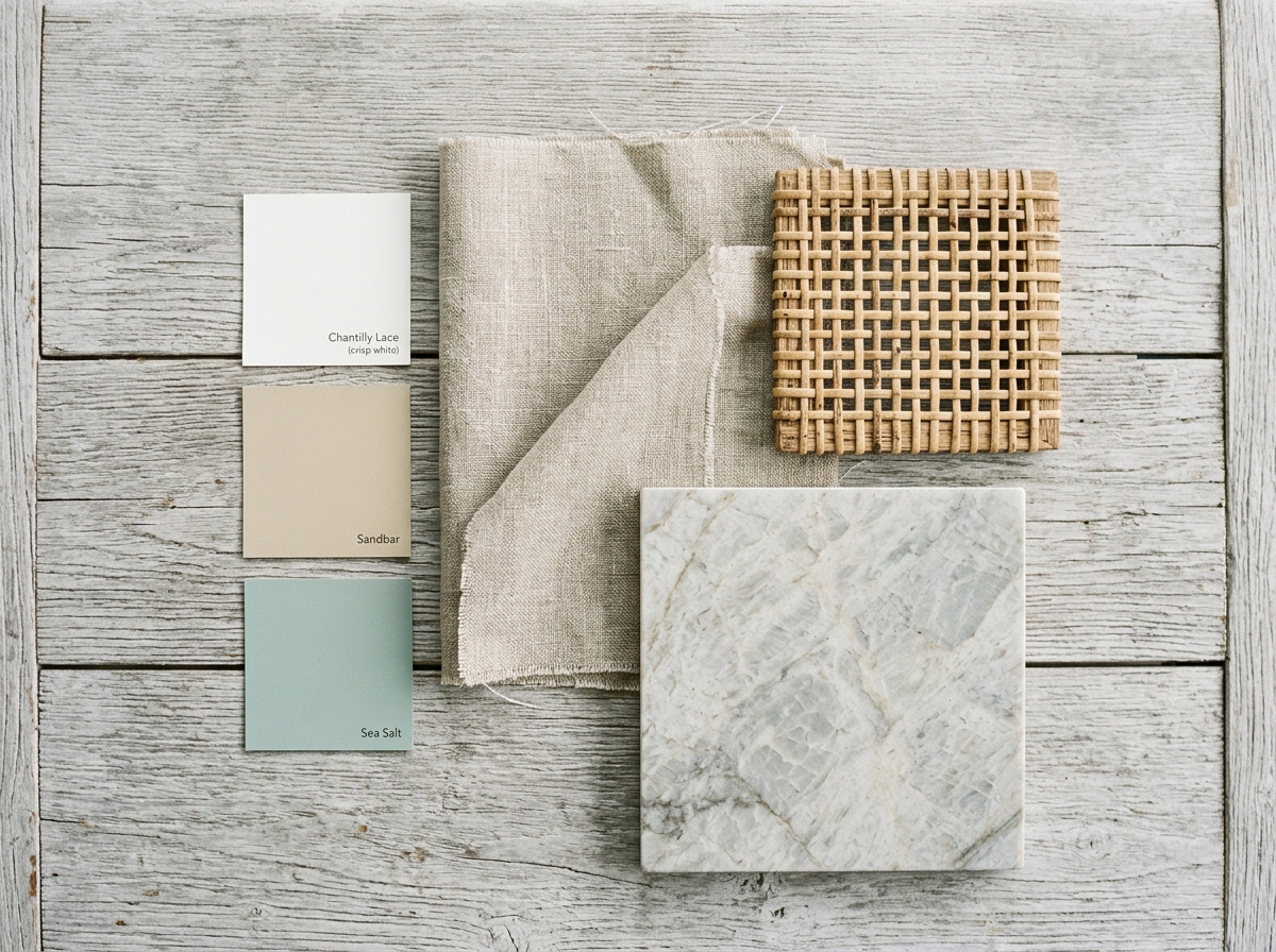 Material samples for a coastal design palette, including paint swatches, linen, and rattan.