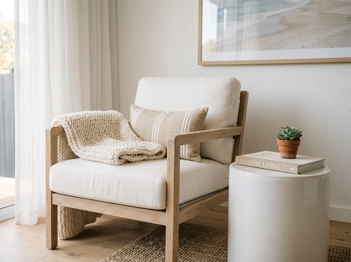 A close-up of a light oak armchair with off-white cushions and a knit throw in a coastal living room.