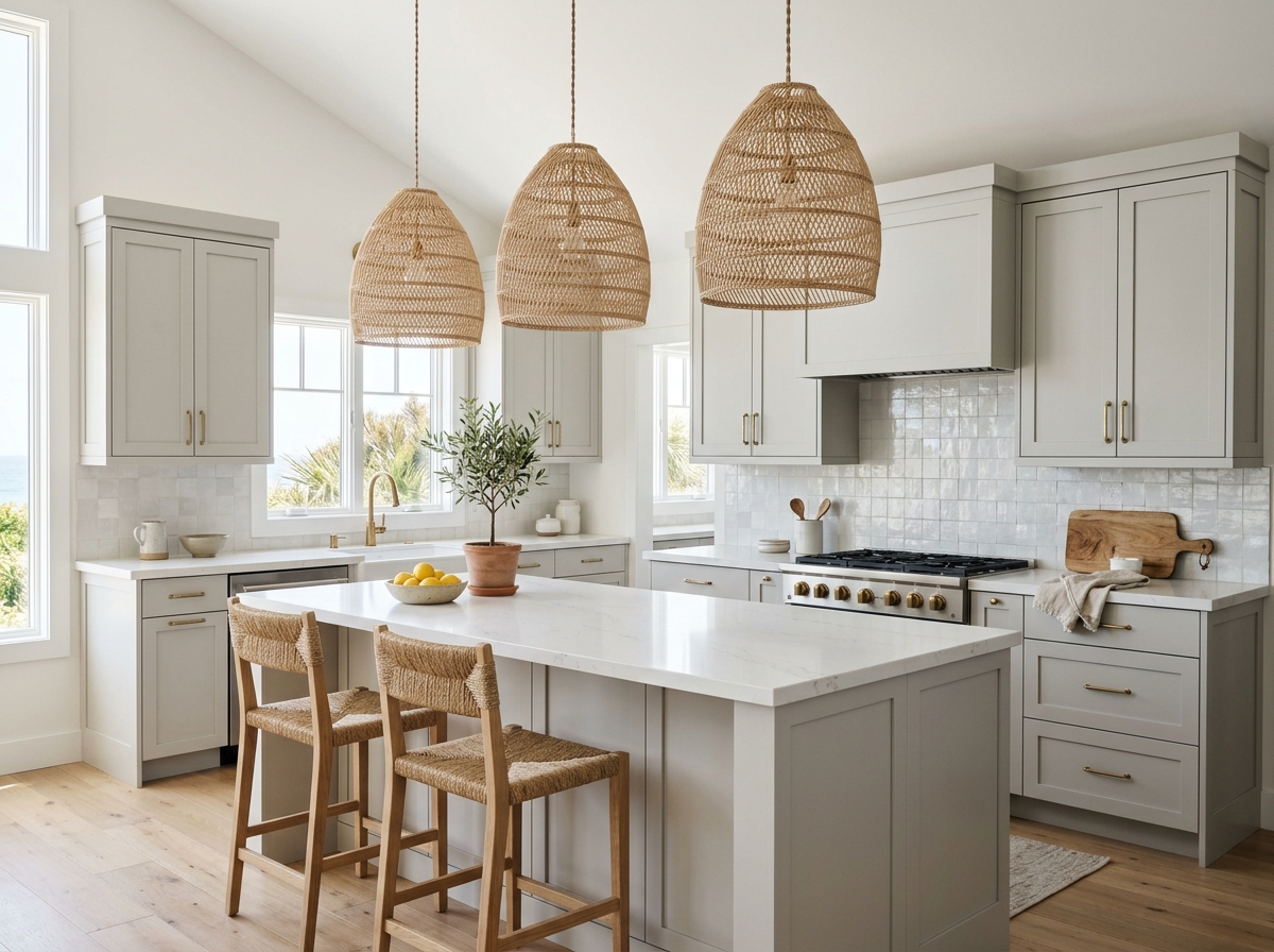 A modern coastal kitchen with light gray shaker cabinets and woven pendant lights over the island.