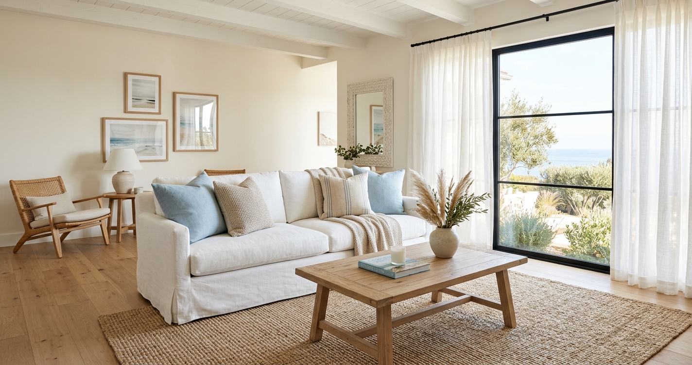 Bright coastal living room with white slipcover sofa, wooden coffee table, jute rug, and ocean view window.