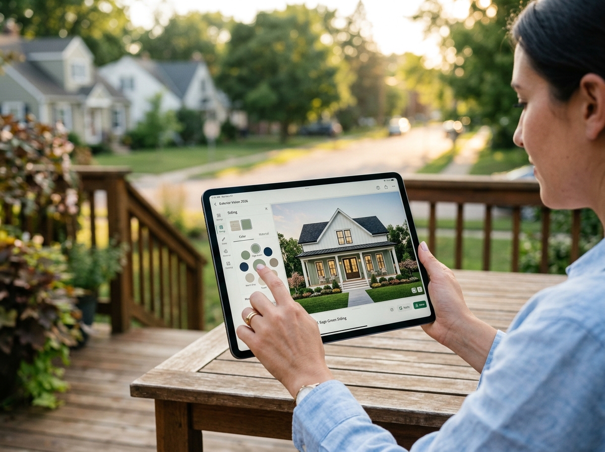 A tablet screen displaying exterior home design software interface.