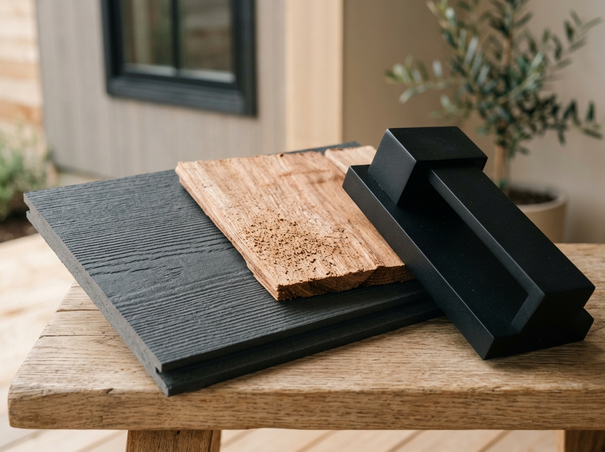 Sample building materials including fiber cement siding, cedar wood, and a black light fixture.