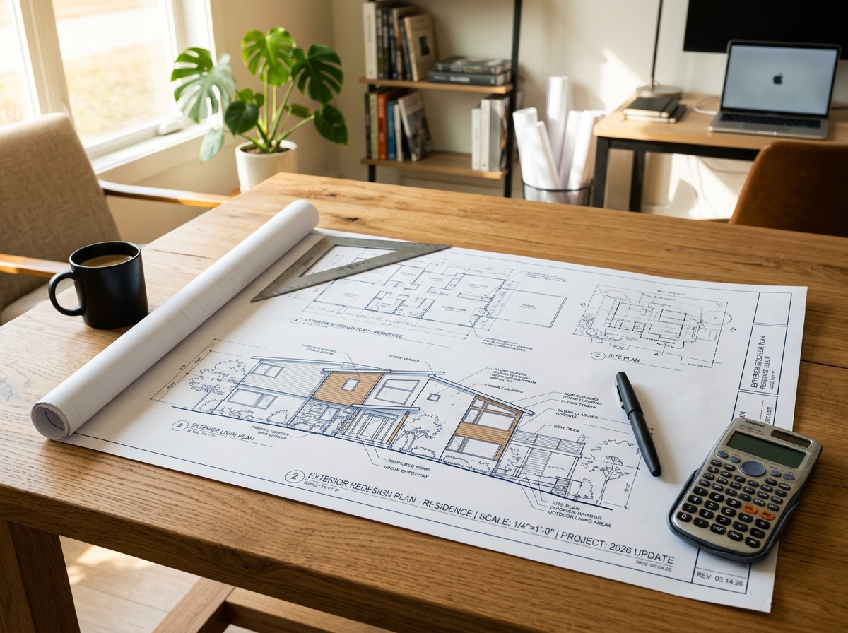 Architectural blueprints on a table with a calculator and pen.