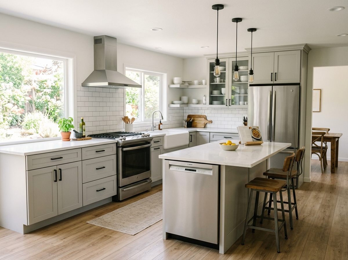 A mid-range modern farmhouse kitchen with gray cabinets and white quartz countertops.