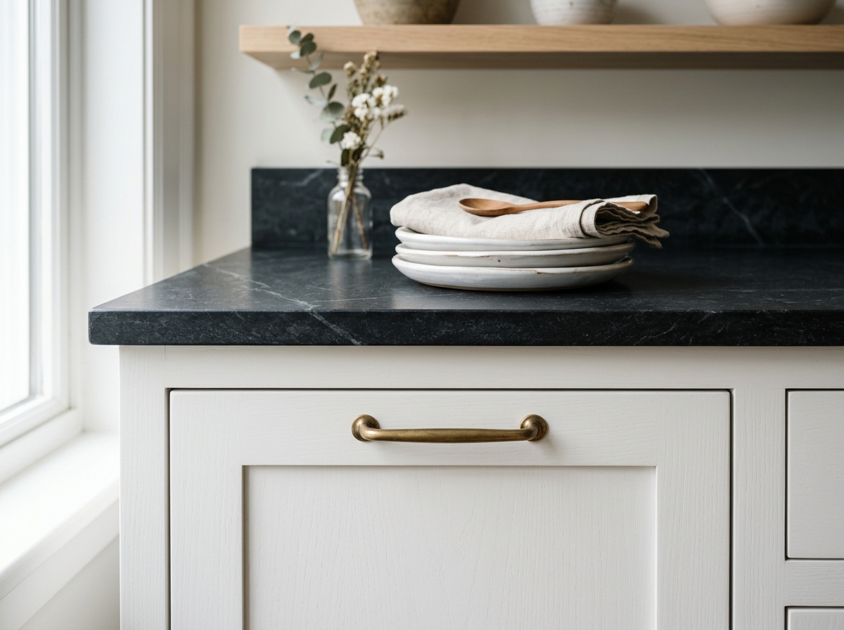 Detail of an inset white shaker cabinet with brass hardware and a black soapstone countertop.