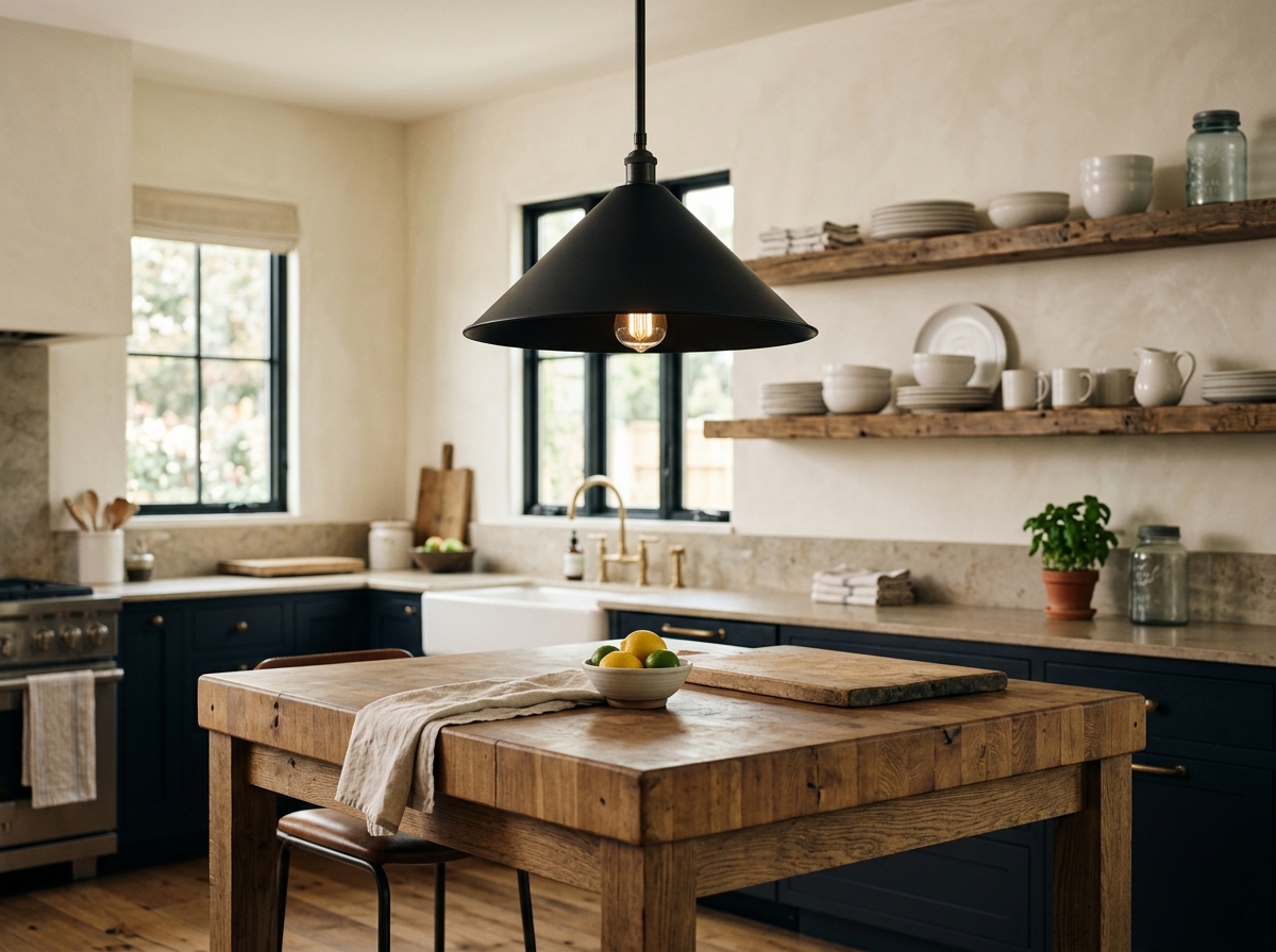 A large black metal pendant light hangs over a kitchen island with open shelving in the background.