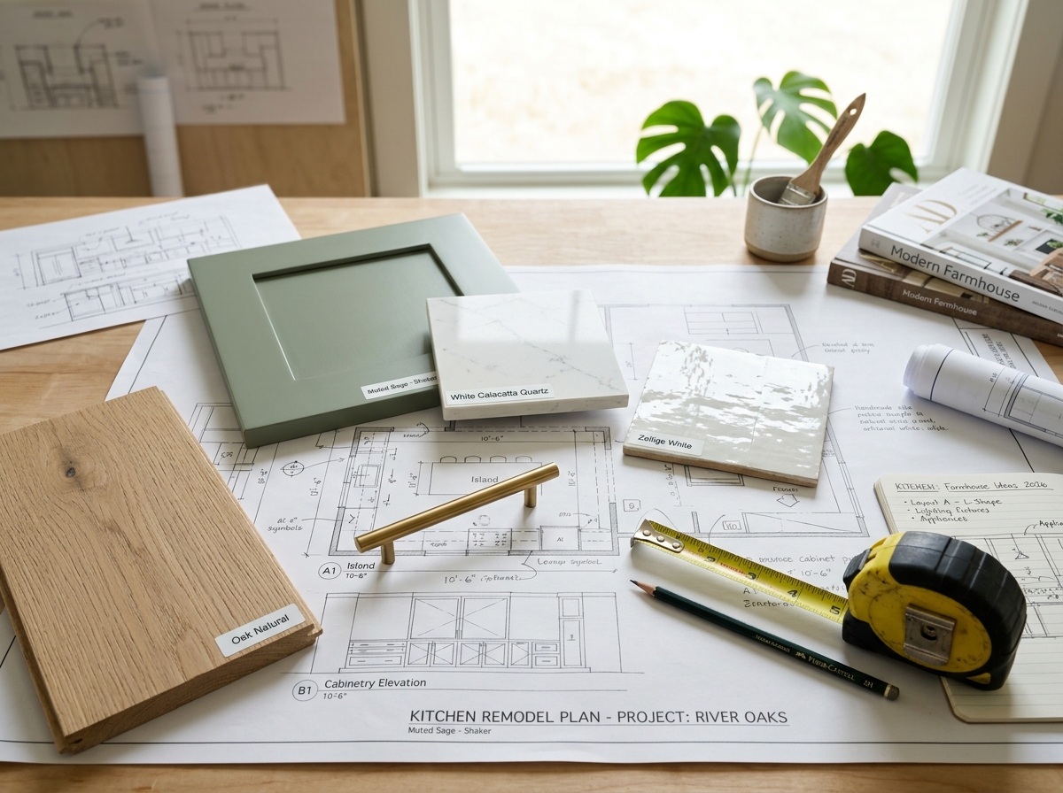 A flat lay of kitchen design samples including cabinet door, countertop, tile, and hardware.