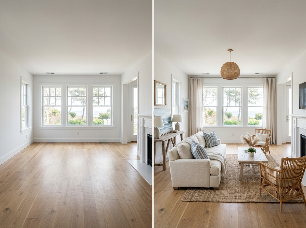 Virtual staging before and after: Empty living room with ocean view vs. a furnished living room with sofa, rug, and wicker chairs.